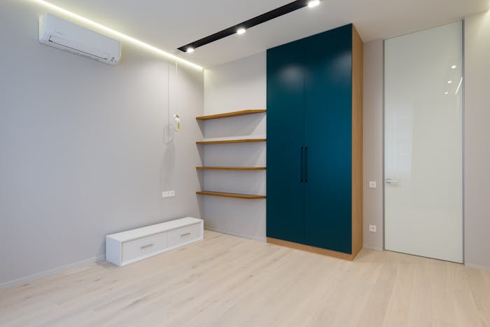 Modern wooden closet cabinet and shelves